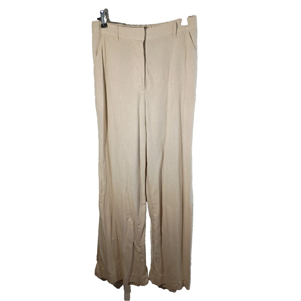Max Studio London Flat Front Linen Blend Pants Woman 8 khaki colored wide leg